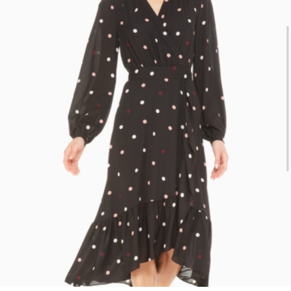 Kate Spade New York size2 long Sleeve V-neck Black Polka Dot Ruffle Accent Dress